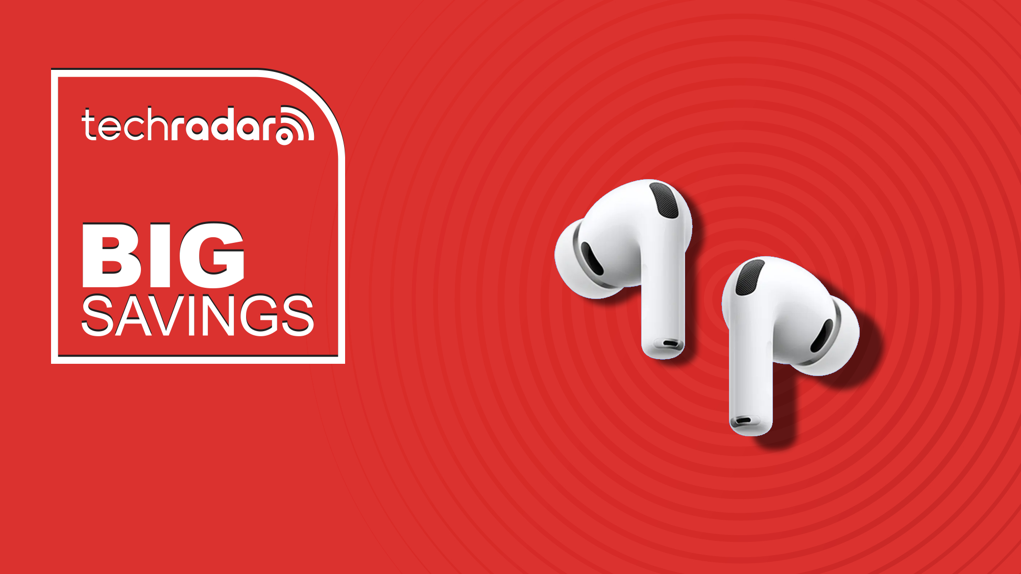 AirPods Pro 3 on red background with TR's 'big savings' badge 