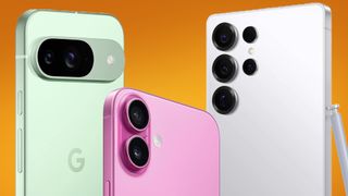 The Google Pixel 9, iPhone 16, and Samsung Galaxy S25 Ultra on an orange deals background