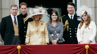 Prince William, Camilla, Duchess of Cornwall, Princess Beatrice, Princess Eugenie, Tim Laurence and Prince Andrew, Duke of York on the balcony of Buckingham Palace for Trooping the Colour celebrations on June 16, 2007 in London, England