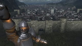 Fluted Armor Knight waving at the camera in front of the out-of-bounds city in Demon's Souls