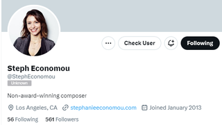 Image of Stephanie Economou's Twitter page as of the morning of February 2 2023. Her description reads "non-award-winning composer"