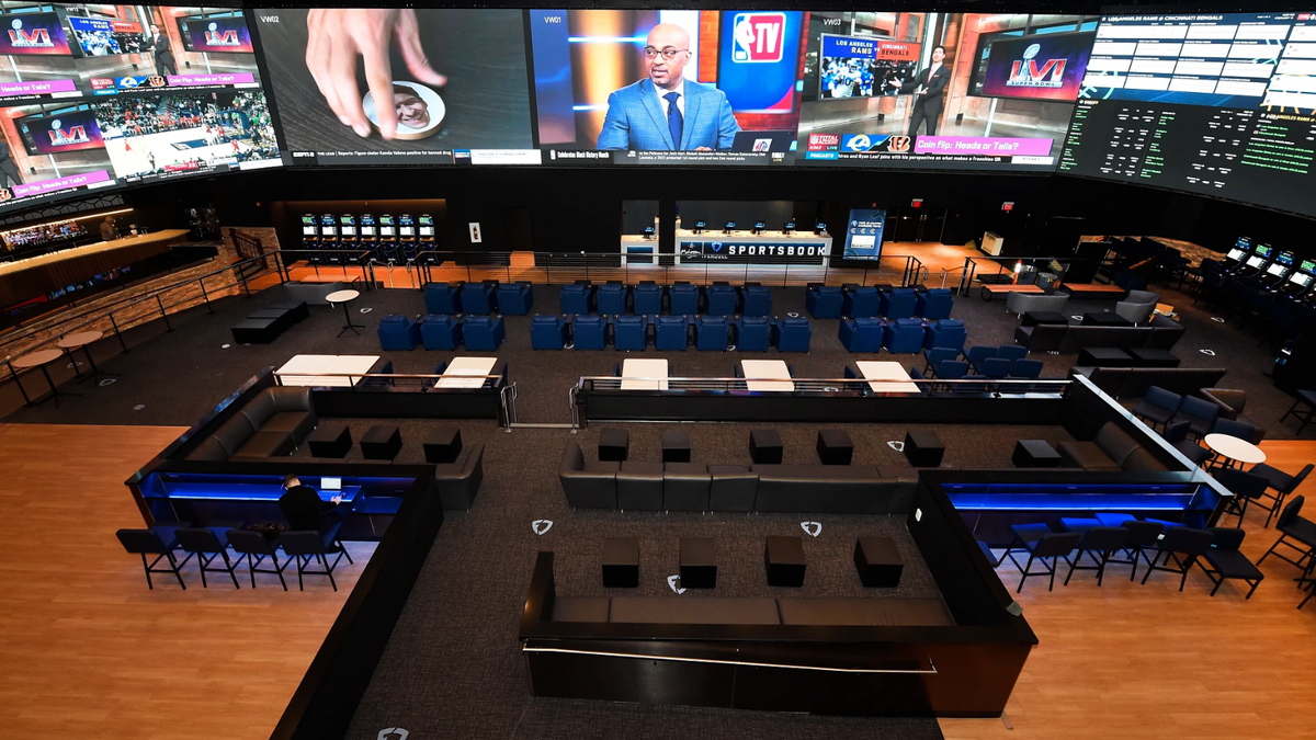 The massive dvLED displays showing sports to gamblers at the Mohegan Sun casino sport book.