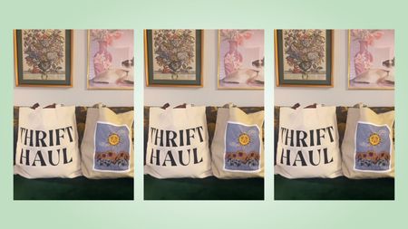 Two tote bags on green couch