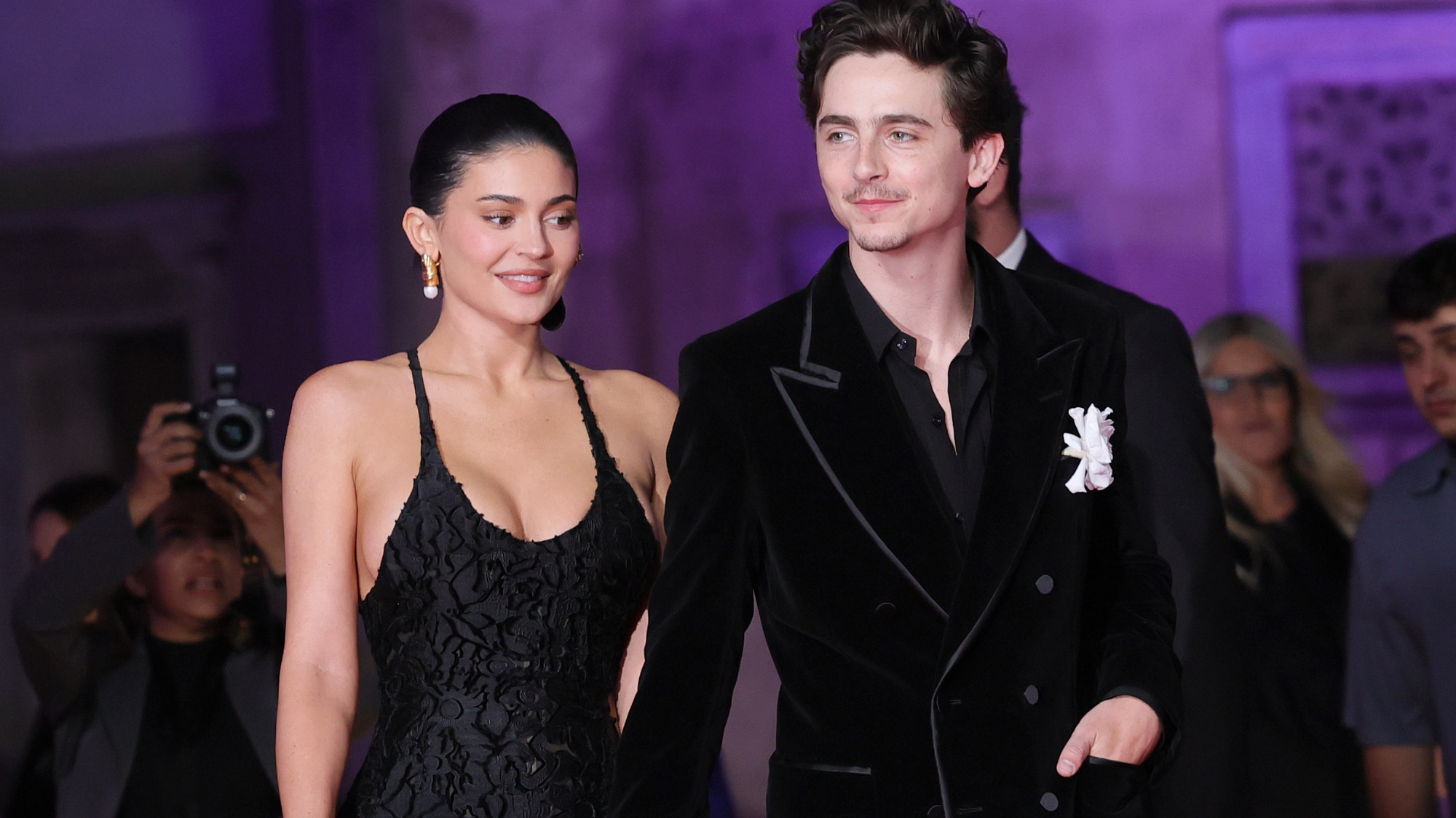 Timothee Chalamet and Kylie Jenner attend the red carpet during the 70th David Di Donatello at Cinecitta Studios on May 07, 2025 in Rome, Italy.