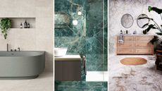 A collage of three bathrooms showing the impact of tile drenching