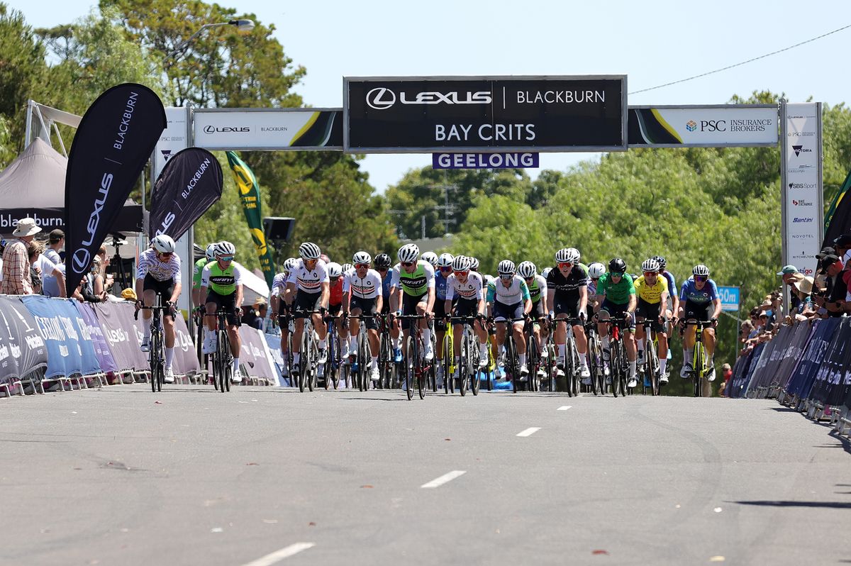 men's peloton during the Mens Elite Lexus of Blackburn 2022 Bay Crits on January 9, 2022, at Eastern Garden, Geelong, Australia. (Photo by Con Chronis)