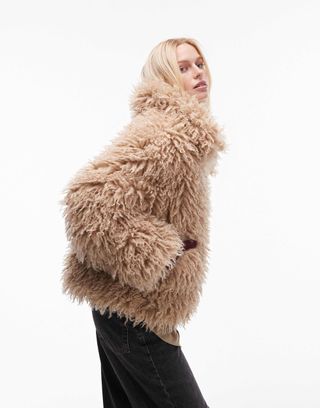 Topshop Faux Curly Fur Bomber Jacket in Light Brown