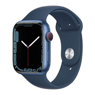 A product shot of the blue Apple Watch Series 7 on a white background