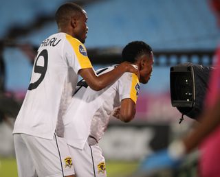 Rodrick Kabwe of Black Leopards celebrates his goal with teammates 