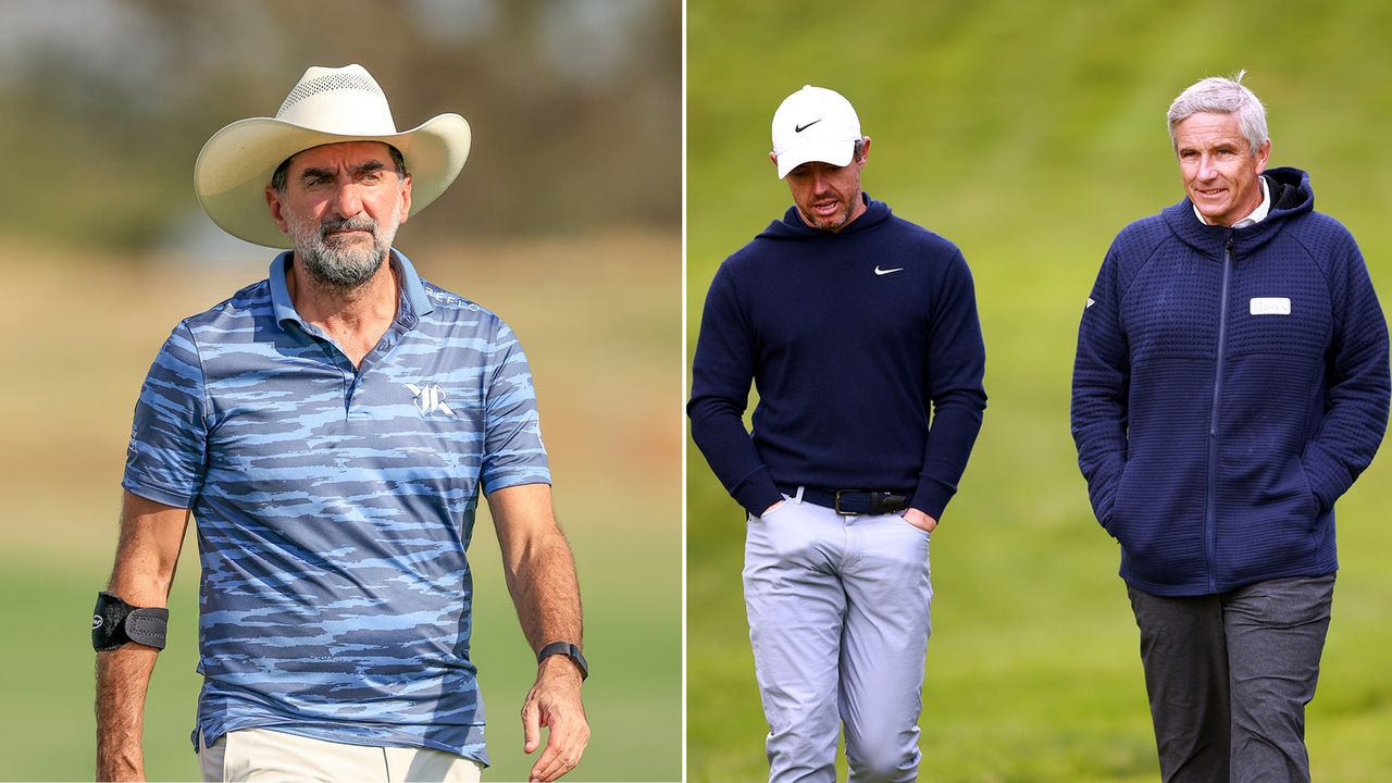 PIF-chairman Yasir Al-Rumayyan (left) in a blue top and cowboy hat at the LIV Golf Team Championship with Rory McIlroy and Jay Monahan (right) walking alongside each other at the RBC Canadian Open