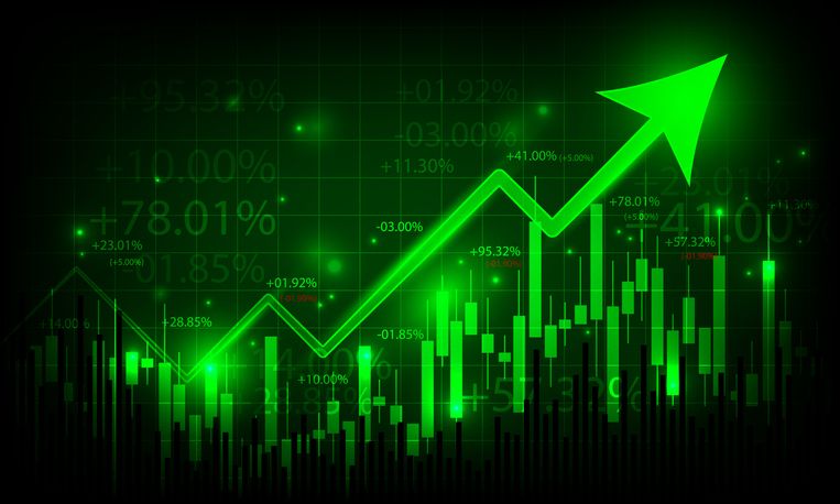 green-tinted stock market chart with green arrow going up and green bars