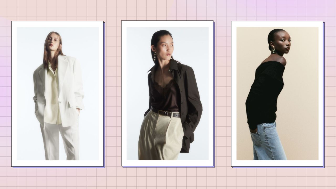 Quiet Luxury outfits: three models wearing outfits from COS and H&amp;M in a cream and purple template