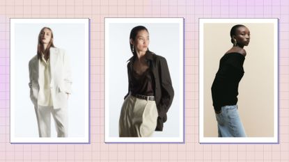 Quiet Luxury outfits: three models wearing outfits from COS and H&M in a cream and purple template