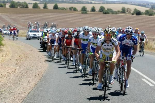 Bert Grabsch (HTC-Columbia) leads the peleton half way through the race.