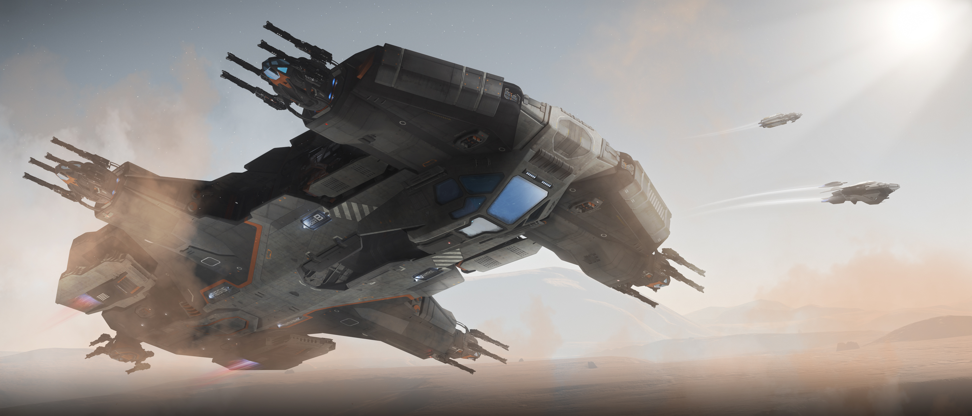 An image of a Hammerhead space ship from the game star citizen.