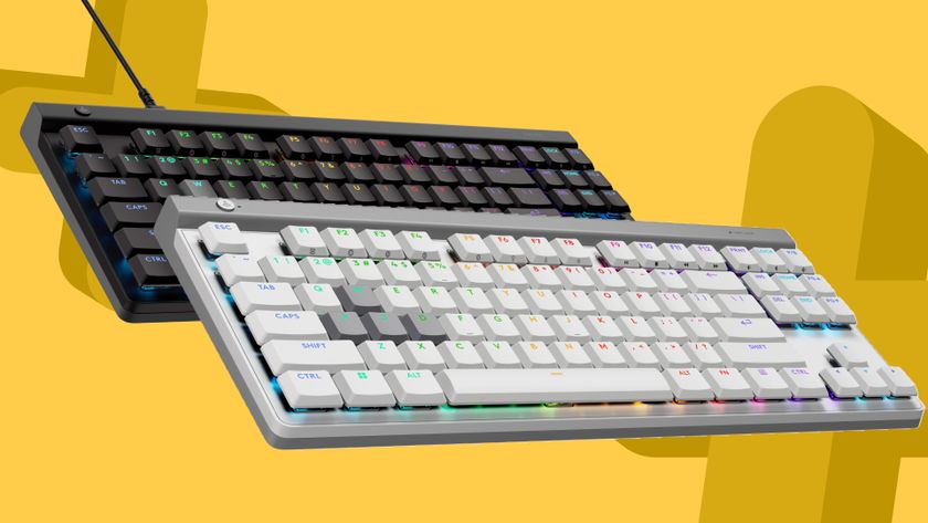 Logitech G515 Rapid TKL gaming keyboards in black and white on a yellow background