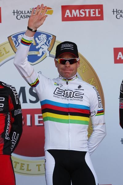 Cadel Evans (BMC) gets a special call-up at the team presentation.