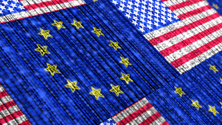 Abstract image showing EU and US flags tiled together