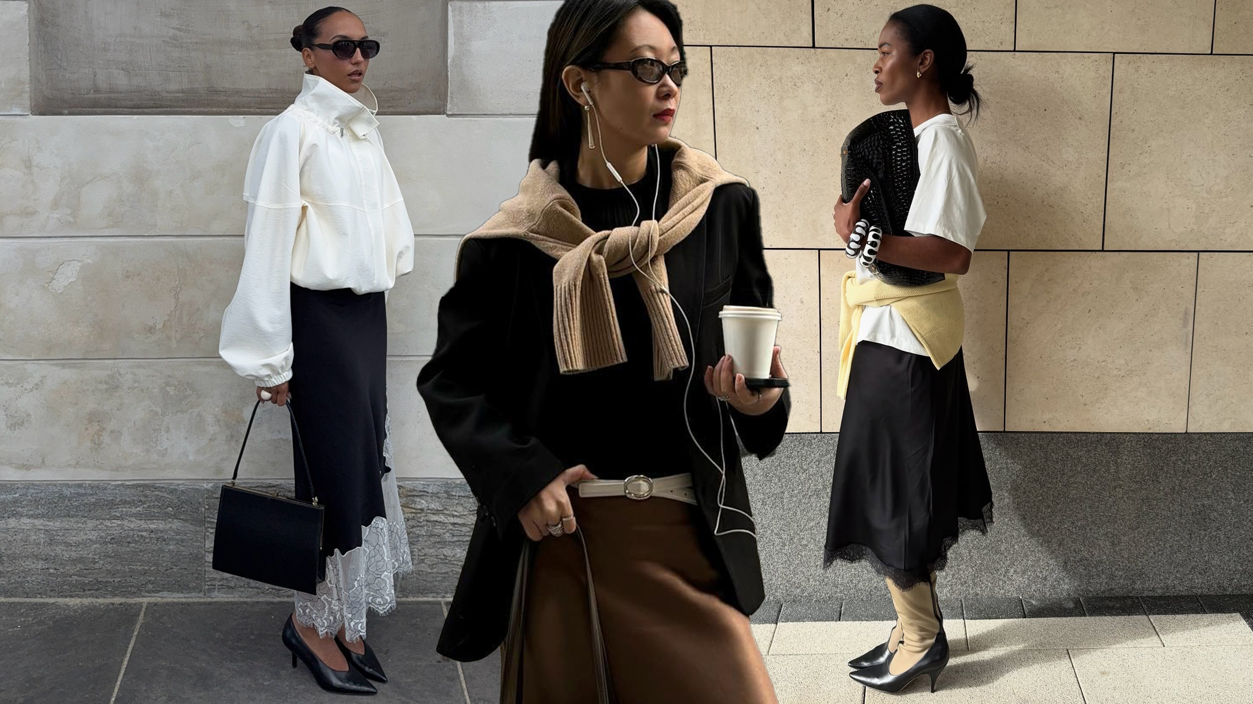 How to wear a slip skirt is shown in a collage of women&#039;s slip skirt outfits. On the left, a woman wears oversized sunglasses, a white funnel neck jacket, a black lace slip skirt, black pointed pumps, and a black frame bag. In the middle, a woman wears a black blazer over a black shirt with a brown slip skirt styled with a black boots, a white belt, a camel cardigan and a brown bag. On the right, a woman wears a white t-shirt with a yellow sweater tied around the waist styled with a black slip skirt, black and tan two-tone boots, white bangles, and a black clutch bag