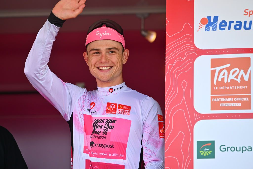 GRUISSAN FRANCE JUNE 15 Marijn van den Berg of The Netherlands and Team EF EducationEasyPost celebrates at podium as White Best Young Rider winner during the 47th La Route DOccitanieLa Depeche Du Midi 2023 Stage 1 a 1843km stage from Narbonne to Gruissan on June 15 2023 in Gruissan France Photo by Luc ClaessenGetty Images