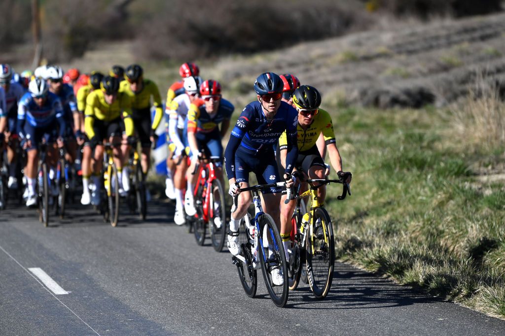 SISTERONFRANCE MARCH 07 David Gaudu of France and Team Groupama FDJ leads the peloton during the 82nd Paris Nice 2024 Stage 5 a 1935km stage from SaintSauveurdeMontagut to Sisteron UCIWT on March 07 2024 in Sisteron France Photo by Alex BroadwayGetty Images