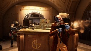 characters firing guns in a bank vault
