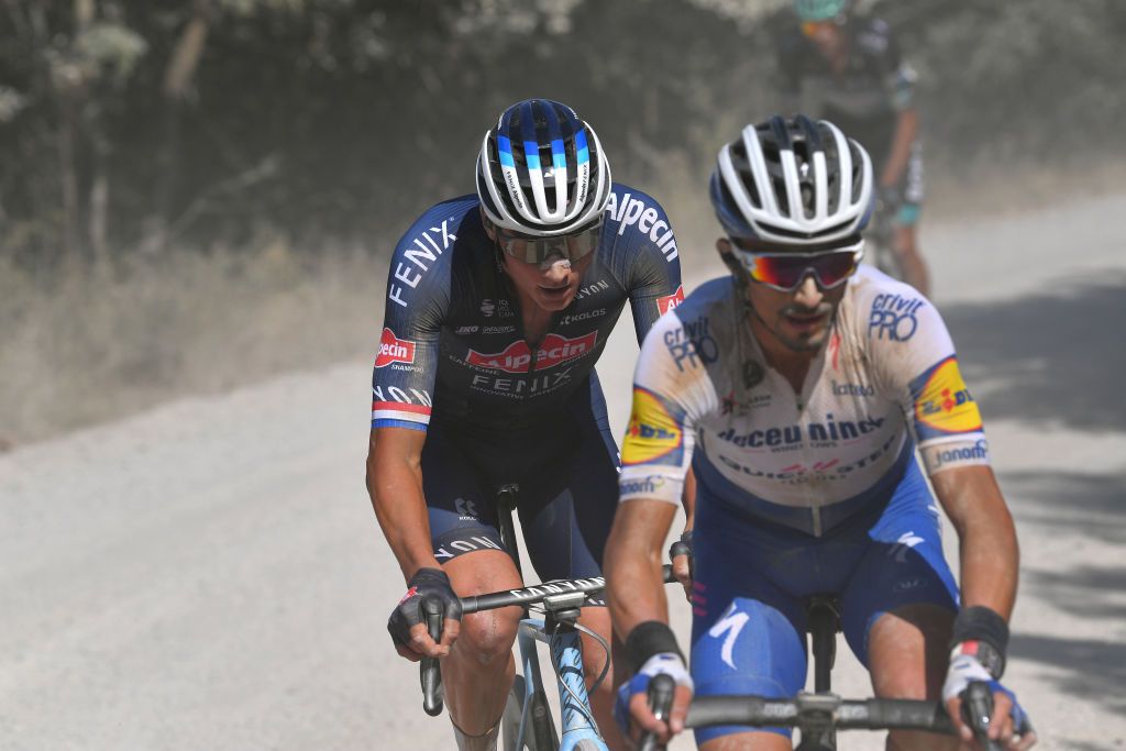 SIENA ITALY AUGUST 01 Mathieu Van der Poel of The Netherlands and Team AlpecinFenix Julian Alaphilippe of France and Team Deceuninck QuickStep during the Eroica 14th Strade Bianche 2020 Men a 184km race from Siena to SienaPiazza del Campo StradeBianche on August 01 2020 in Siena Italy Photo by Tim de WaeleGetty Images