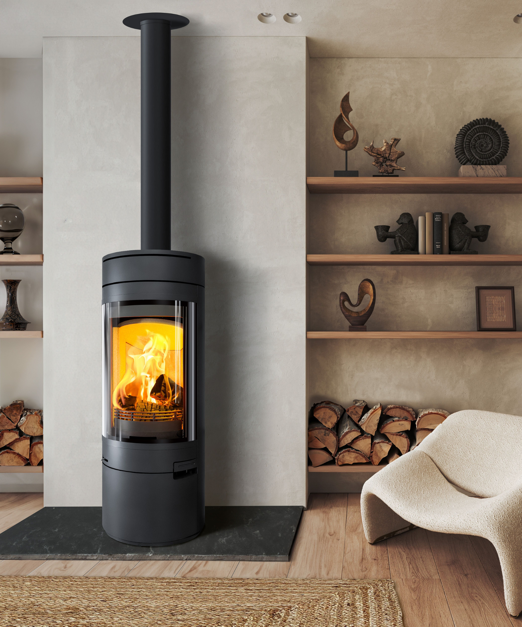 Log burner with alcoves filled with logs on shelf