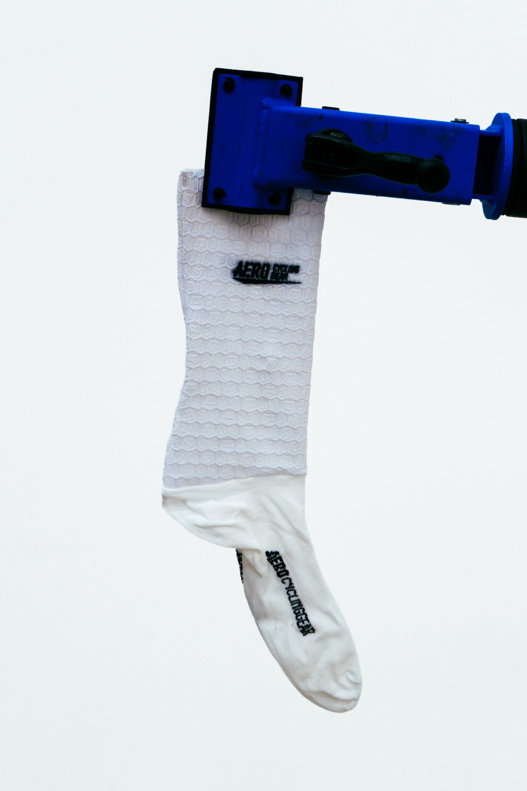 A close up shot of some socks being tested in the wind tunnel