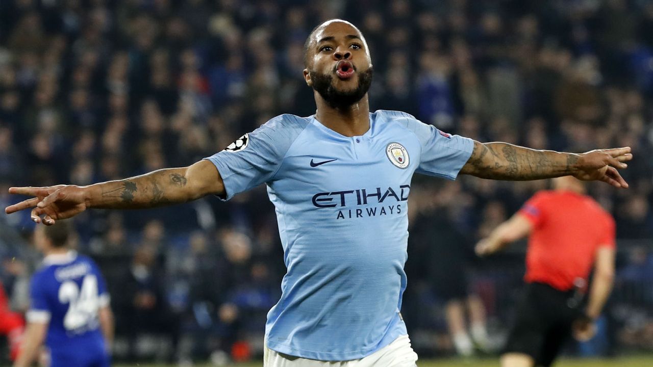 Manchester City forward Raheem Sterling celebrates the winning goal against FC Schalke 04