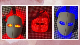 TheraFace LED Skincare Mask pictured in three settings - the red light setting front on, then from the back, then with the blue light setting front on