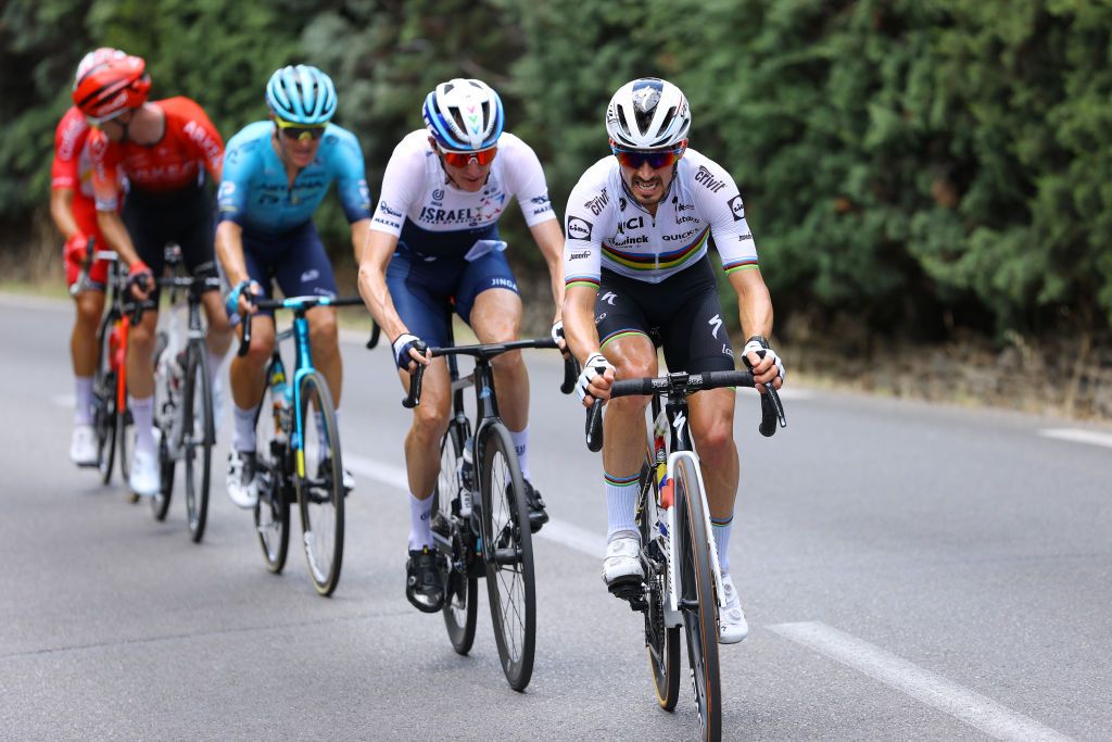 MALAUCENE FRANCE JULY 07 Julian Alaphilippe of France and Team Deceuninck QuickStep Dan Martin of Ireland and Team Israel StartUp Nation in breakaway during the 108th Tour de France 2021 Stage 11 a 1989km km stage from Sorgues to Malaucne LeTour TDF2021 on July 07 2021 in Malaucene France Photo by Tim de WaeleGetty Images