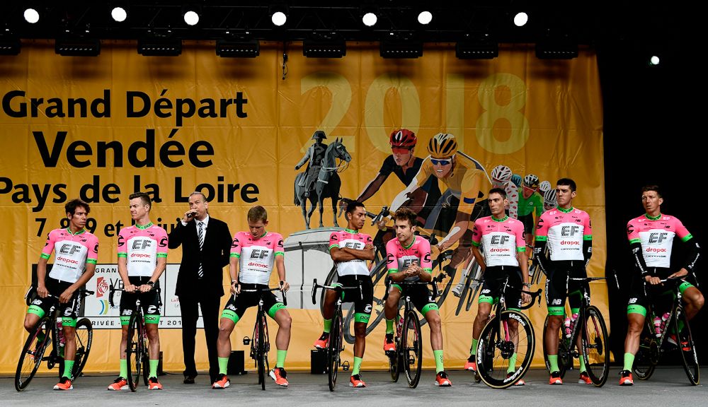 EF Education First-Drapac on stage at the 2018 Tour de France team presentation