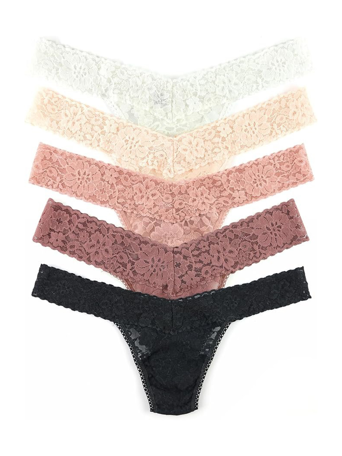 Hanky Panky - Daily Lace Low Rise Thongs for Women | Lacy Panties, Soft Cotton Blend Underwear, Comfortable Lingerie | One Size (2-12) | Black/taupe/marshmallow/stormcloud Blue/grey Mist | 5 Pack
