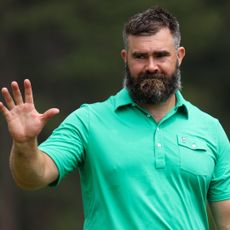 Former NFL football player Jason Kelce waves to fans at the 18th hole on day three of the 2024 American Century Championship at Edgewood Tahoe Golf Course on July 14, 2024 in Stateline, Nevada.