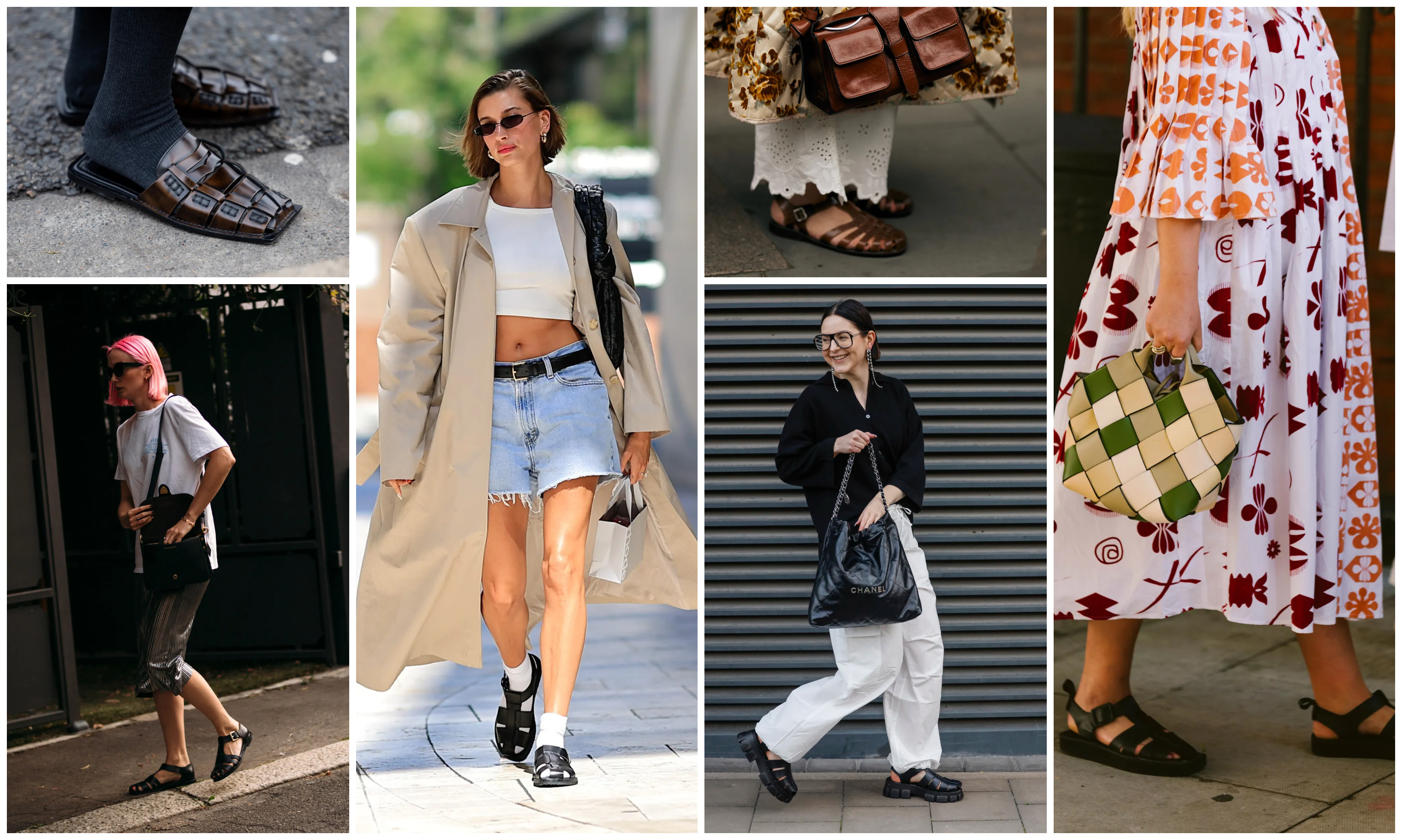 a collage of women wearing fisherman sandals, including fashion week guests and Hailey Bieber