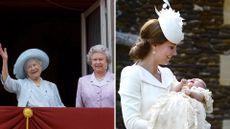 L- the Queen Mother and Queen Elizabeth, R- Kate Middleton holding Princess Charlotte 