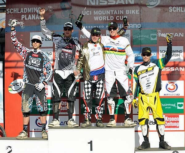 World Cup elite men downhil overall podium: Gee Atherton, Greg Minnaar, Sam Hill, Steve Peat, Mick Hannah