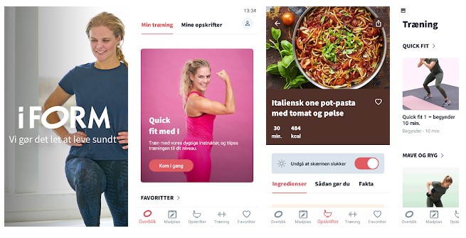 Billeder fra I FORM-app'en, der viser kvinder der træner og sunde madretter