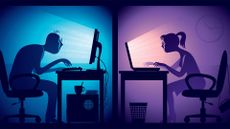Ransomware payment negotiation concept image showing man and woman on desktop computers separated by a dividing wall.