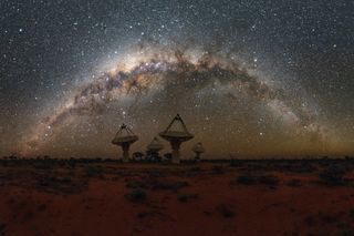 Antennas of CSIRO’s Australian SKA Pathfinder with the Milky Way overhead.