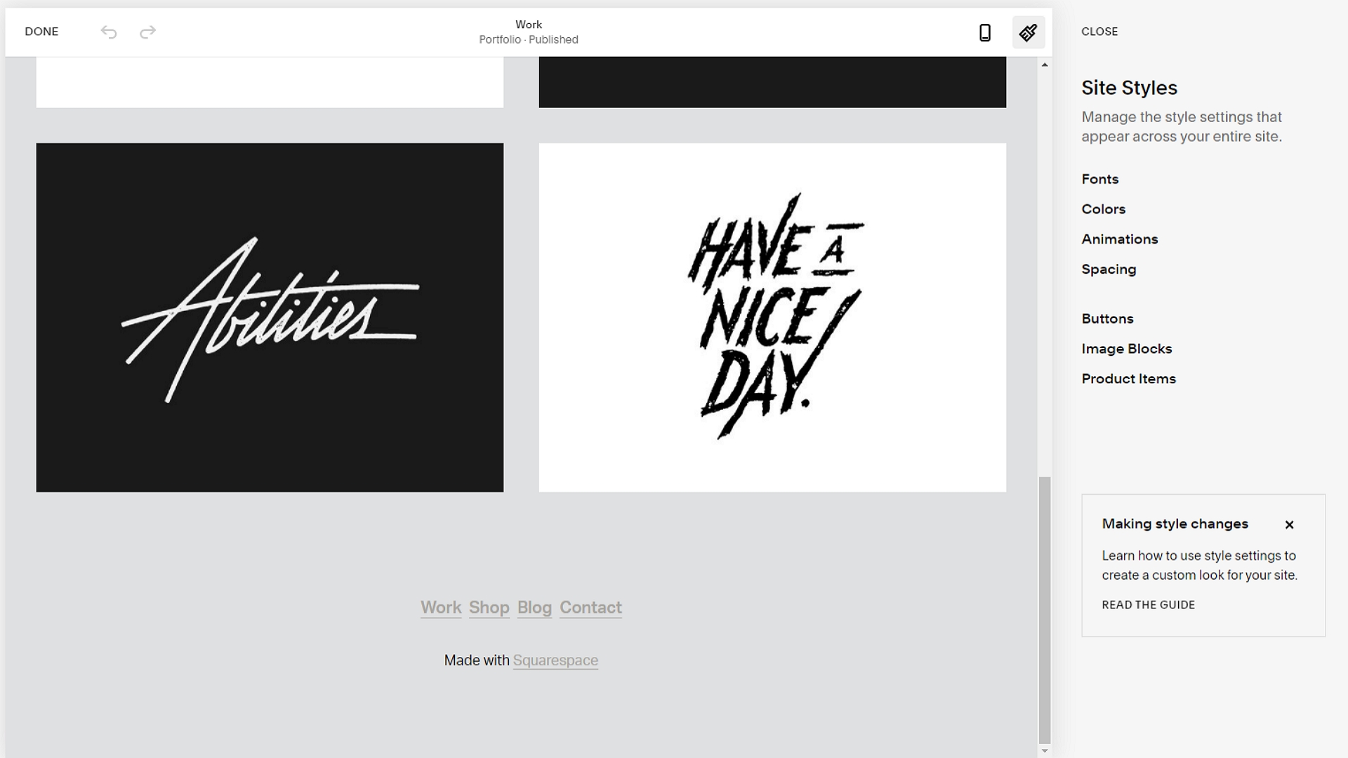 Squarespace global design options