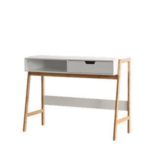 white and wooden desk with drawers