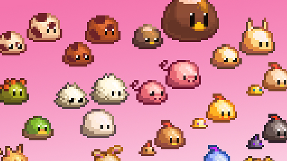 Stardew Valley mods - A collection of sprites that replace all of Stardew Valley's farm animals with slimes, each one having some of the replaced animal's features.