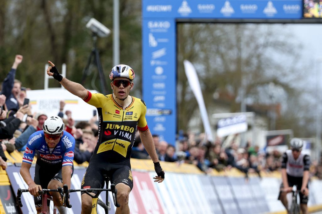 Belgian Wout van Aert of Team JumboVisma celebrates after winning the E3 Saxo Bank Classic one day cycling race 2041km from and to Harelbeke Friday 24 March 2023 BELGA PHOTO DAVID PINTENS Photo by DAVID PINTENS BELGA MAG Belga via AFP Photo by DAVID PINTENSBELGA MAGAFP via Getty Images