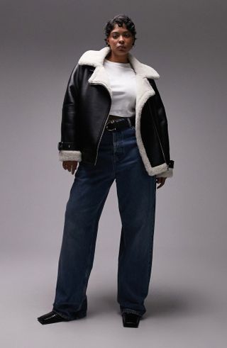 Curve Faux Leather Aviator Jacket with Faux Shearling Trim