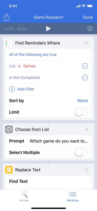 Screenshot of "Game Research" workflow showing first actions – Find Reminders, Choose From List, Replace Text