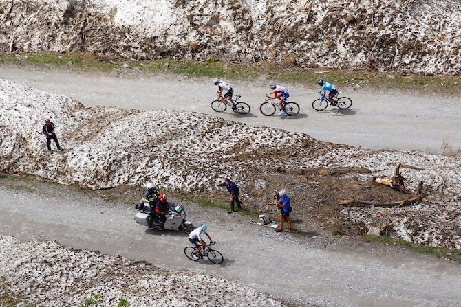 Chris Froome (Team Sky) has time to look down onto his pursuers on the climb of the Finestre on stage 19 of the Giro