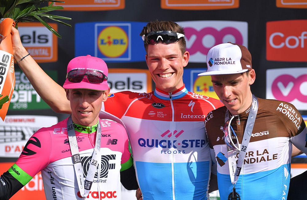 Bob Jungels (Quick-Step Floors) wins Liege-Bastogne-Liege, Michael Woods (EF-Drapac) second and Romain Bardet (AG2R La Mondiale) third