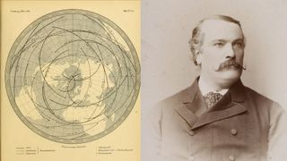two images; on the left is a vintage illustration of earth crisscrossed with arcing lines showing the paths of eclipses; on the right is a vintage portrait of a man in a suit with a large mustache